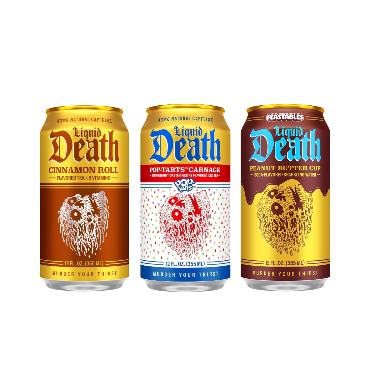 Liquid Death Trio -12oz Liquid Death Cinnamon Roll Tea  Liquid Death Pop-Tarts Carnage  Liquid Death Feastables Peanut Butter Cu